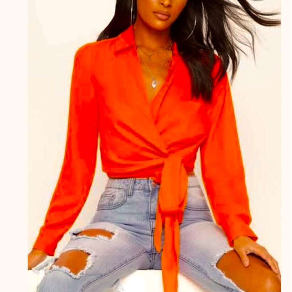 PrettyLittleThing Orange Tie-Front Blouse
